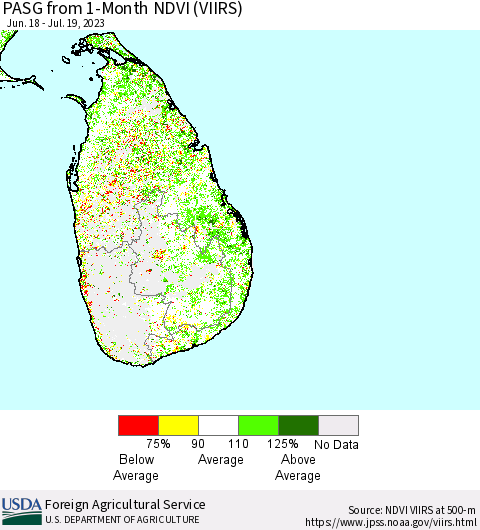 Sri Lanka PASG from 1-Month NDVI (VIIRS) Thematic Map For 7/11/2023 - 7/20/2023