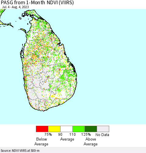 Sri Lanka PASG from 1-Month NDVI (VIIRS) Thematic Map For 7/28/2023 - 8/4/2023
