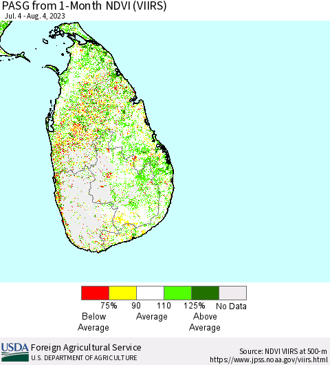 Sri Lanka PASG from 1-Month NDVI (VIIRS) Thematic Map For 8/1/2023 - 8/10/2023