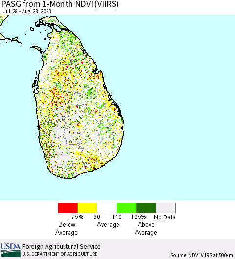 Sri Lanka PASG from 1-Month NDVI (VIIRS) Thematic Map For 8/21/2023 - 8/31/2023