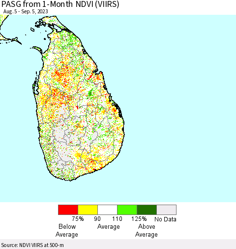 Sri Lanka PASG from 1-Month NDVI (VIIRS) Thematic Map For 8/29/2023 - 9/5/2023