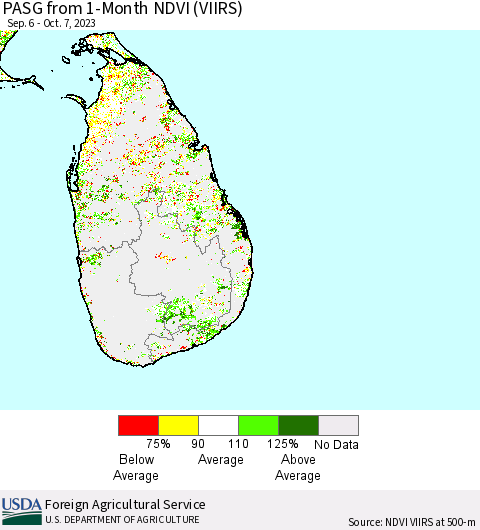 Sri Lanka PASG from 1-Month NDVI (VIIRS) Thematic Map For 10/1/2023 - 10/10/2023