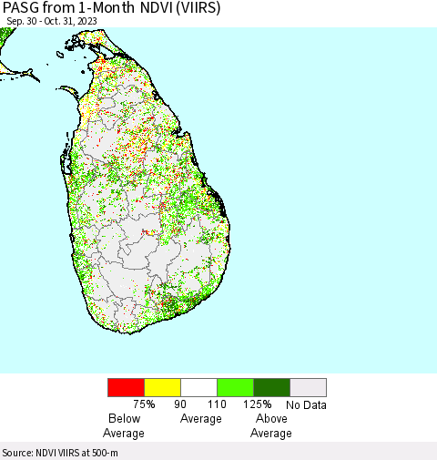 Sri Lanka PASG from 1-Month NDVI (VIIRS) Thematic Map For 10/24/2023 - 10/31/2023