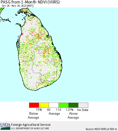 Sri Lanka PASG from 1-Month NDVI (VIIRS) Thematic Map For 11/21/2023 - 11/30/2023