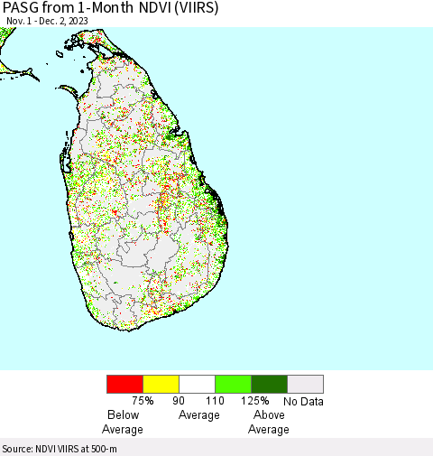 Sri Lanka PASG from 1-Month NDVI (VIIRS) Thematic Map For 11/25/2023 - 12/2/2023