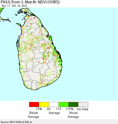 Sri Lanka PASG from 1-Month NDVI (VIIRS) Thematic Map For 12/11/2023 - 12/18/2023