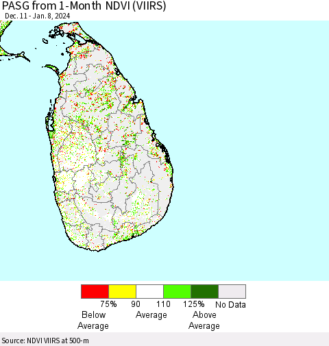 Sri Lanka PASG from 1-Month NDVI (VIIRS) Thematic Map For 1/1/2024 - 1/8/2024