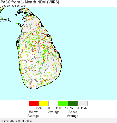 Sri Lanka PASG from 1-Month NDVI (VIIRS) Thematic Map For 1/9/2024 - 1/16/2024