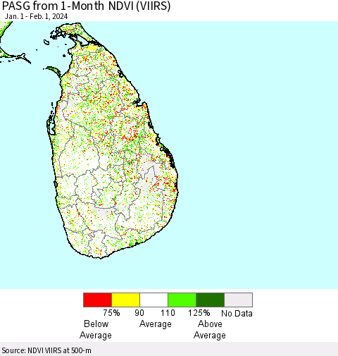 Sri Lanka PASG from 1-Month NDVI (VIIRS) Thematic Map For 1/25/2024 - 2/1/2024