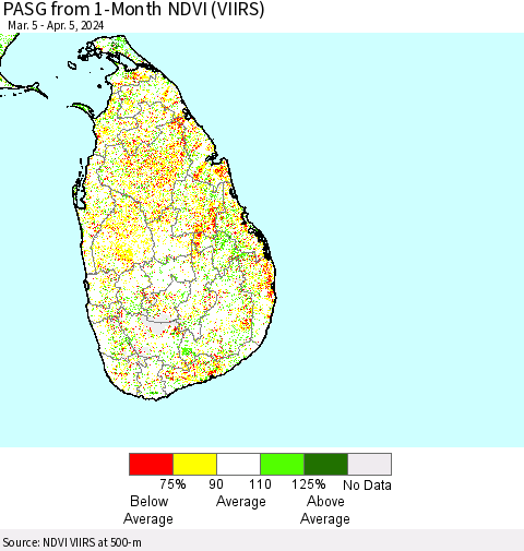 Sri Lanka PASG from 1-Month NDVI (VIIRS) Thematic Map For 3/29/2024 - 4/5/2024