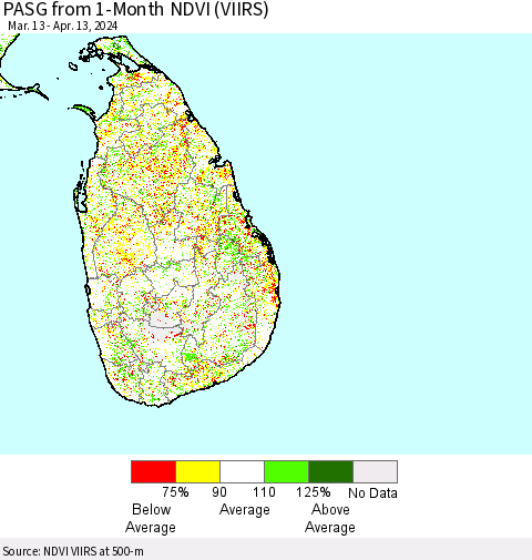 Sri Lanka PASG from 1-Month NDVI (VIIRS) Thematic Map For 4/6/2024 - 4/13/2024