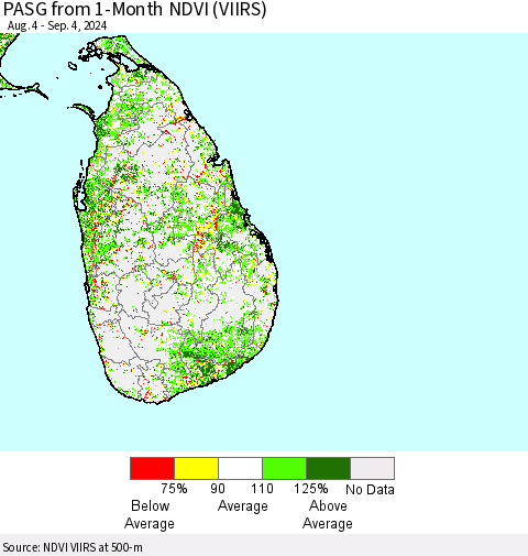 Sri Lanka PASG from 1-Month NDVI (VIIRS) Thematic Map For 8/28/2024 - 9/4/2024