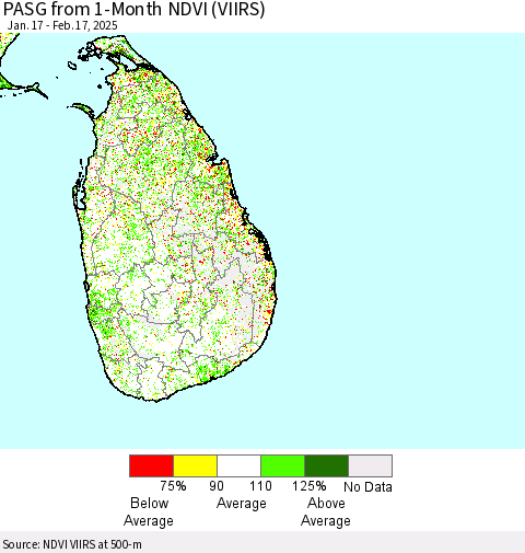 Sri Lanka PASG from 1-Month NDVI (VIIRS) Thematic Map For 2/10/2025 - 2/17/2025