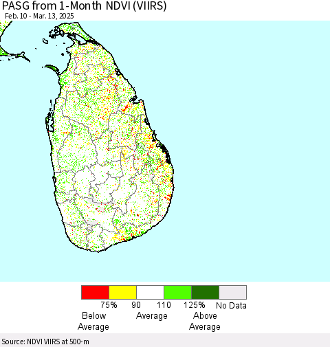 Sri Lanka PASG from 1-Month NDVI (VIIRS) Thematic Map For 3/6/2025 - 3/13/2025
