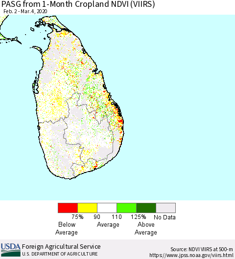 Sri Lanka PASG from 1-Month Cropland NDVI (VIIRS) Thematic Map For 3/1/2020 - 3/10/2020