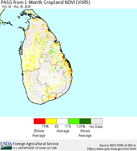 Sri Lanka PASG from 1-Month Cropland NDVI (VIIRS) Thematic Map For 3/11/2020 - 3/20/2020
