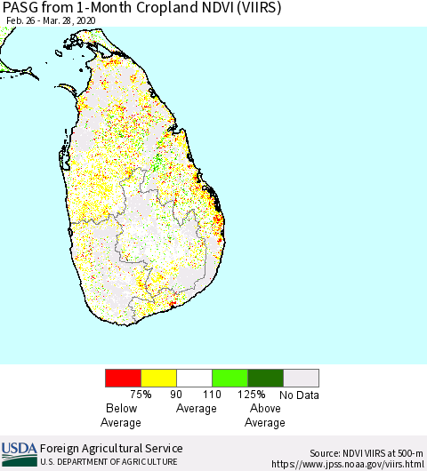 Sri Lanka PASG from 1-Month Cropland NDVI (VIIRS) Thematic Map For 3/21/2020 - 3/31/2020