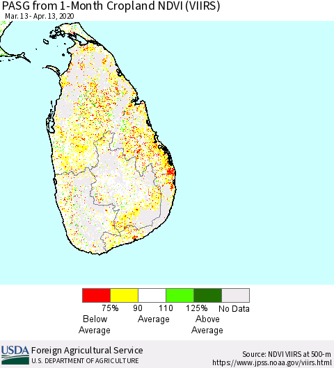 Sri Lanka PASG from 1-Month Cropland NDVI (VIIRS) Thematic Map For 4/11/2020 - 4/20/2020