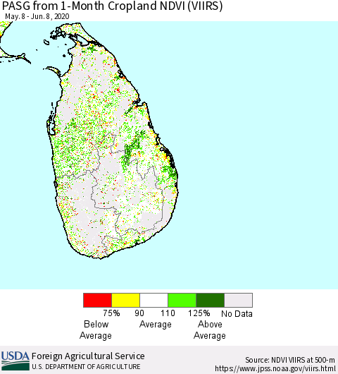 Sri Lanka PASG from 1-Month Cropland NDVI (VIIRS) Thematic Map For 6/1/2020 - 6/10/2020