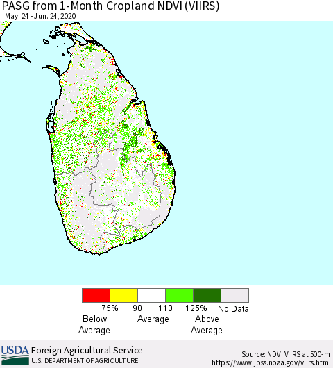 Sri Lanka PASG from 1-Month Cropland NDVI (VIIRS) Thematic Map For 6/21/2020 - 6/30/2020