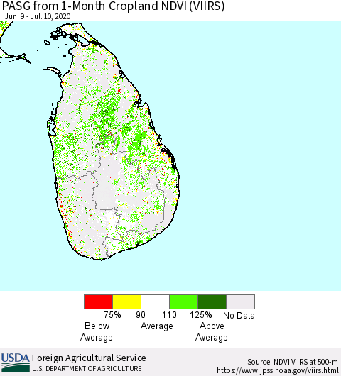 Sri Lanka PASG from 1-Month Cropland NDVI (VIIRS) Thematic Map For 7/1/2020 - 7/10/2020