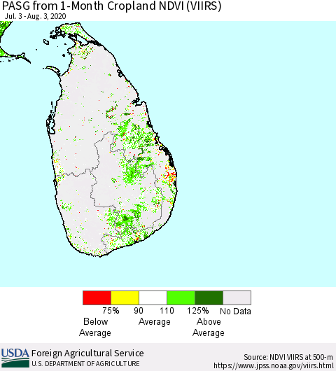 Sri Lanka PASG from 1-Month Cropland NDVI (VIIRS) Thematic Map For 8/1/2020 - 8/10/2020