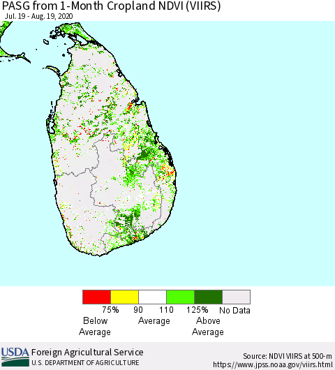 Sri Lanka PASG from 1-Month Cropland NDVI (VIIRS) Thematic Map For 8/11/2020 - 8/20/2020