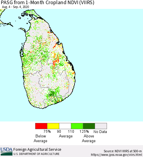 Sri Lanka PASG from 1-Month Cropland NDVI (VIIRS) Thematic Map For 9/1/2020 - 9/10/2020