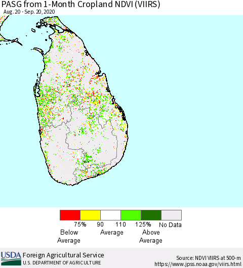 Sri Lanka PASG from 1-Month Cropland NDVI (VIIRS) Thematic Map For 9/11/2020 - 9/20/2020