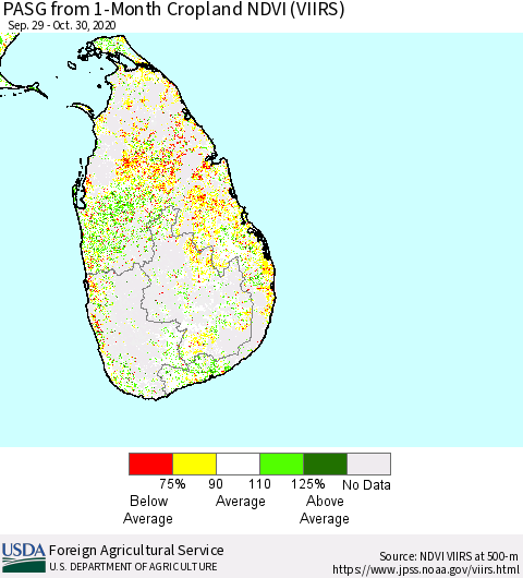 Sri Lanka PASG from 1-Month Cropland NDVI (VIIRS) Thematic Map For 10/21/2020 - 10/31/2020