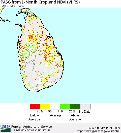 Sri Lanka PASG from 1-Month Cropland NDVI (VIIRS) Thematic Map For 11/1/2020 - 11/10/2020