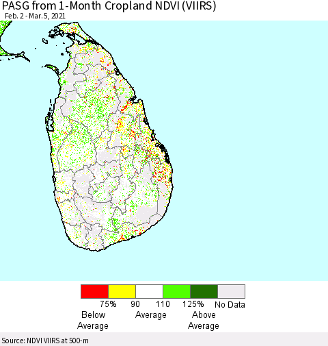 Sri Lanka PASG from 1-Month Cropland NDVI (VIIRS) Thematic Map For 2/26/2021 - 3/5/2021