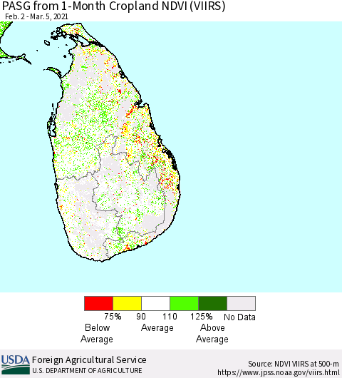 Sri Lanka PASG from 1-Month Cropland NDVI (VIIRS) Thematic Map For 3/1/2021 - 3/10/2021