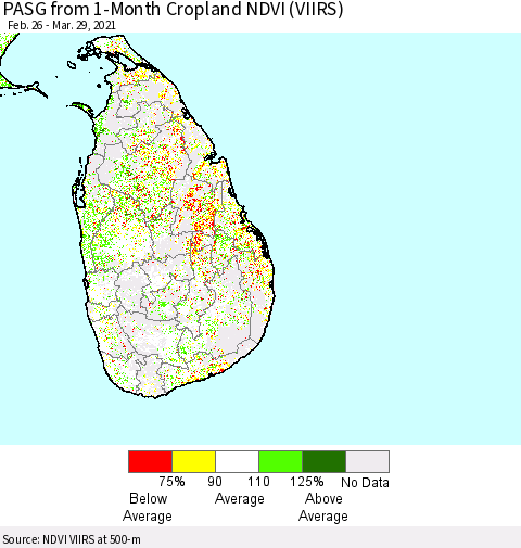 Sri Lanka PASG from 1-Month Cropland NDVI (VIIRS) Thematic Map For 3/22/2021 - 3/29/2021