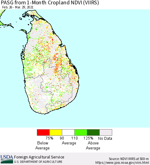 Sri Lanka PASG from 1-Month Cropland NDVI (VIIRS) Thematic Map For 3/21/2021 - 3/31/2021