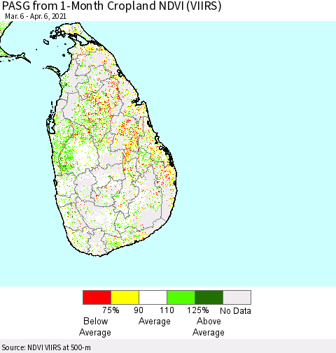 Sri Lanka PASG from 1-Month Cropland NDVI (VIIRS) Thematic Map For 3/30/2021 - 4/6/2021