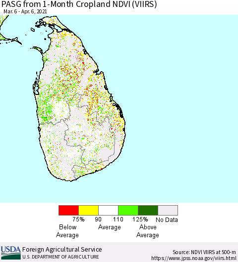 Sri Lanka PASG from 1-Month Cropland NDVI (VIIRS) Thematic Map For 4/1/2021 - 4/10/2021