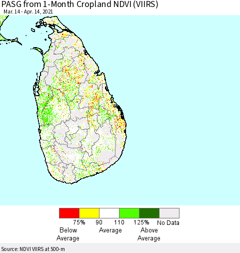 Sri Lanka PASG from 1-Month Cropland NDVI (VIIRS) Thematic Map For 4/7/2021 - 4/14/2021