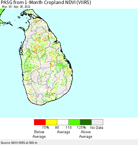 Sri Lanka PASG from 1-Month Cropland NDVI (VIIRS) Thematic Map For 4/21/2021 - 4/30/2021