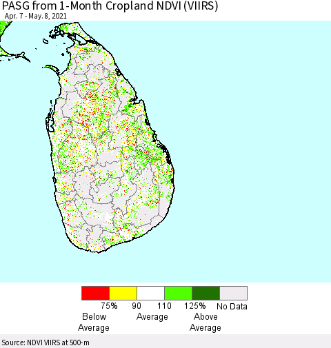 Sri Lanka PASG from 1-Month Cropland NDVI (VIIRS) Thematic Map For 5/1/2021 - 5/8/2021