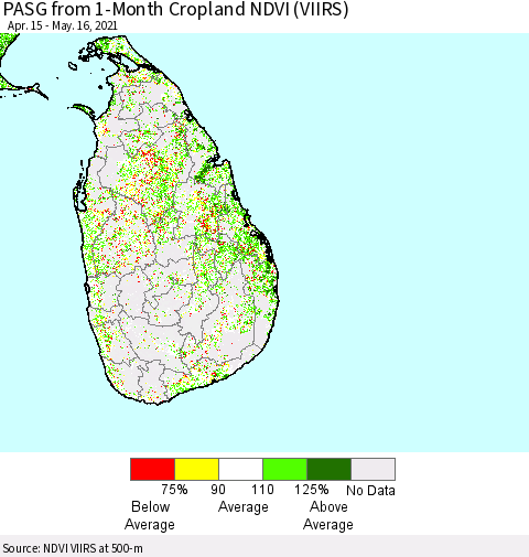 Sri Lanka PASG from 1-Month Cropland NDVI (VIIRS) Thematic Map For 5/9/2021 - 5/16/2021