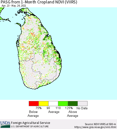 Sri Lanka PASG from 1-Month Cropland NDVI (VIIRS) Thematic Map For 5/21/2021 - 5/31/2021