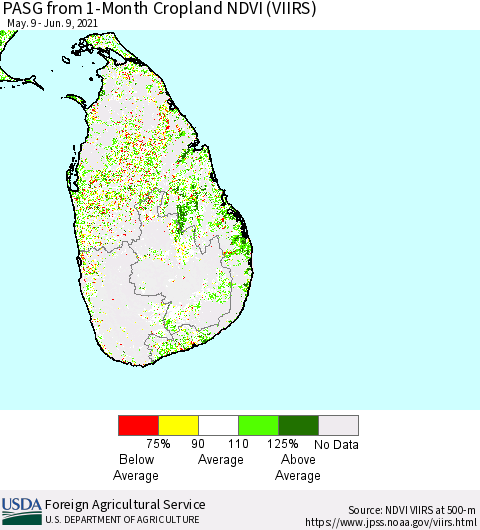 Sri Lanka PASG from 1-Month Cropland NDVI (VIIRS) Thematic Map For 6/1/2021 - 6/10/2021