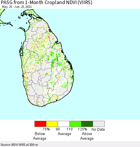 Sri Lanka PASG from 1-Month Cropland NDVI (VIIRS) Thematic Map For 6/18/2021 - 6/25/2021