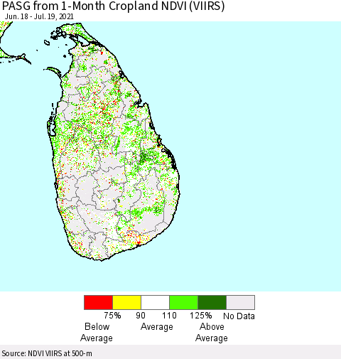 Sri Lanka PASG from 1-Month Cropland NDVI (VIIRS) Thematic Map For 7/12/2021 - 7/19/2021