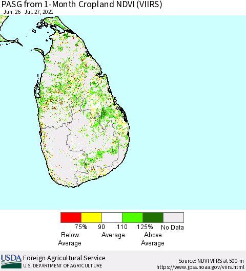 Sri Lanka PASG from 1-Month Cropland NDVI (VIIRS) Thematic Map For 7/21/2021 - 7/31/2021