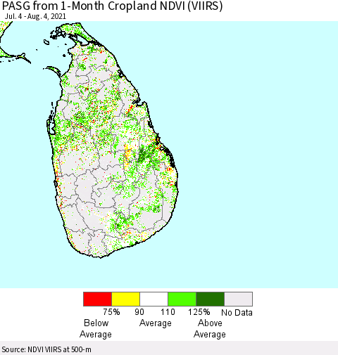 Sri Lanka PASG from 1-Month Cropland NDVI (VIIRS) Thematic Map For 7/28/2021 - 8/4/2021