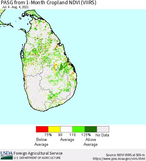 Sri Lanka PASG from 1-Month Cropland NDVI (VIIRS) Thematic Map For 8/1/2021 - 8/10/2021