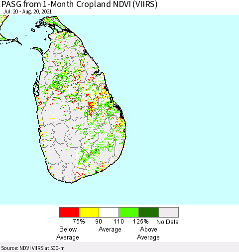 Sri Lanka PASG from 1-Month Cropland NDVI (VIIRS) Thematic Map For 8/11/2021 - 8/20/2021