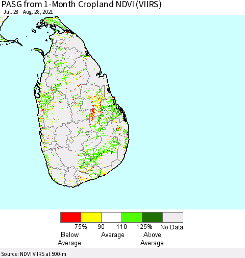 Sri Lanka PASG from 1-Month Cropland NDVI (VIIRS) Thematic Map For 8/21/2021 - 8/28/2021